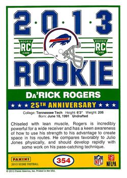 2013 Score - Blue #354 Da'Rick Rogers Back