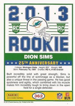 2013 Score - Blue #362 Dion Sims Back