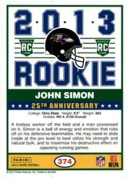 2013 Score - Blue #374 John Simon Back