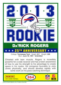 2013 Score - Red #354 Da'Rick Rogers Back