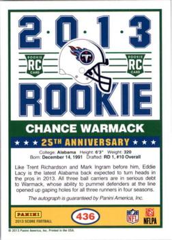 2013 Score - Rookie Signatures #436 Chance Warmack Back