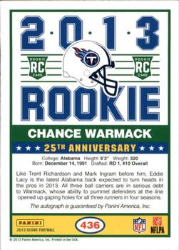 2013 Score - Rookie Signatures Purple #436 Chance Warmack Back