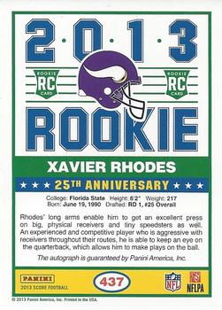 2013 Score - Rookie Signatures Purple #437 Xavier Rhodes Back