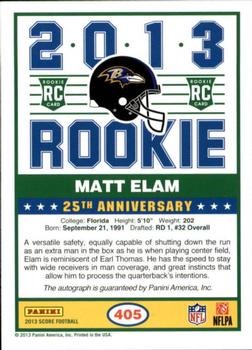 2013 Score - Rookie Signatures Black #405 Matt Elam Back