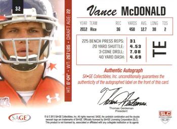 2013 SAGE - Autographs Gold #32 Vance McDonald Back