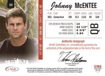 2013 SAGE - Autographs Gold #33 Johnny McEntee Back
