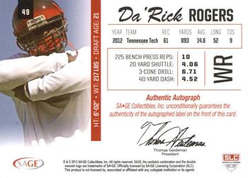 2013 SAGE - Autographs Gold #49 Da'Rick Rogers Back