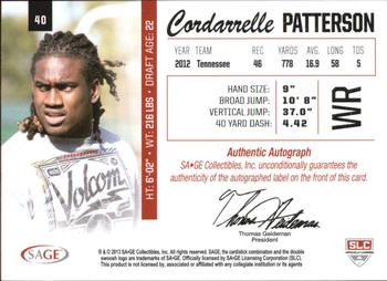 2013 SAGE - Autographs Green #40 Cordarrelle Patterson Back
