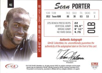 2013 SAGE - Autographs Green #41 Sean Porter Back