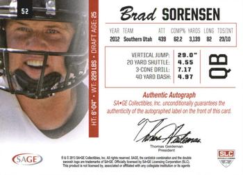 2013 SAGE - Autographs Red #52 Brad Sorensen Back