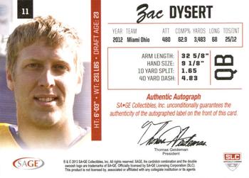 2013 SAGE - Autographs Silver #11 Zac Dysert Back
