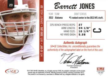 2013 SAGE - Autographs Silver #23 Barrett Jones Back