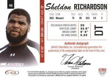 2013 SAGE - Autographs Silver #45 Sheldon Richardson Back