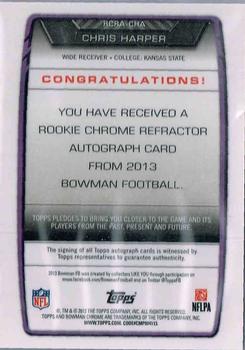 2013 Bowman - Chrome Rookie Autographs Blue Refractors #RCRA-CHA Chris Harper Back