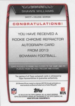 2013 Bowman - Chrome Rookie Autographs Blue Refractors #RCRA-SWI Shawn Williams Back