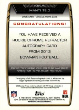 2013 Bowman - Chrome Rookie Autographs Gold Refractors #RCRA-MT Manti Te'o Back