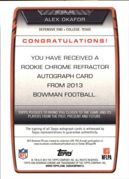 2013 Bowman - Chrome Rookie Autographs Refractors #RCRA-AO Alex Okafor Back