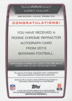 2013 Bowman - Chrome Rookie Autographs Refractors #RCRA-CF Corey Fuller Back