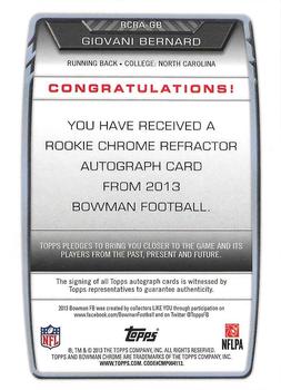 2013 Bowman - Chrome Rookie Autographs Refractors #RCRA-GB Giovani Bernard Back