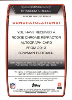 2013 Bowman - Chrome Rookie Autographs Refractors #RCRA-KG Khaseem Greene Back