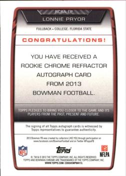 2013 Bowman - Chrome Rookie Autographs Refractors #RCRA-LP Lonnie Pryor Back