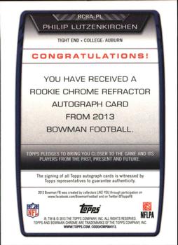 2013 Bowman - Chrome Rookie Autographs Refractors #RCRA-PL Philip Lutzenkirchen Back