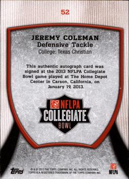 2013 Bowman - Topps NFLPA Collegiate Bowl Autographs #52 Jeremy Coleman Back