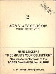 1981 Topps Stickers #3 John Jefferson Back