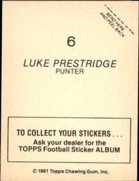 1981 Topps Stickers #6 Luke Prestridge Back