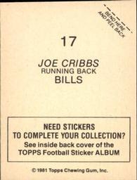 1981 Topps Stickers #17 Joe Cribbs Back