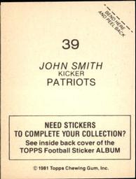 1981 Topps Stickers #39 John Smith Back
