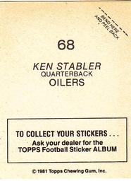1981 Topps Stickers #68 Ken Stabler Back
