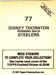 1981 Topps Stickers #77 Sidney Thornton Back