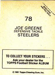 1981 Topps Stickers #78 Joe Greene Back