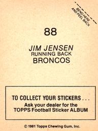1981 Topps Stickers #88 Jim Jensen Back
