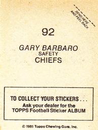 1981 Topps Stickers #92 Gary Barbaro Back
