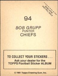 1981 Topps Stickers #94 Bob Grupp Back