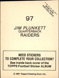 1981 Topps Stickers #97 Jim Plunkett Back