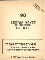 1981 Topps Stickers #98 Lester Hayes Back