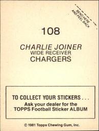 1981 Topps Stickers #108 Charlie Joiner Back