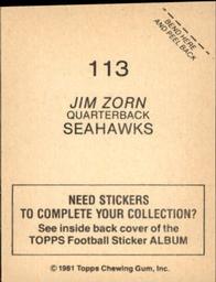 1981 Topps Stickers #113 Jim Zorn Back