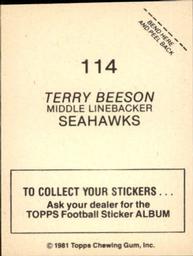 1981 Topps Stickers #114 Terry Beeson Back