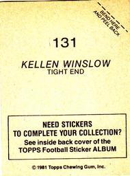 1981 Topps Stickers #131 Kellen Winslow Back