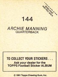 1981 Topps Stickers #144 Archie Manning Back
