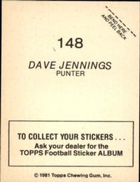 1981 Topps Stickers #148 Dave Jennings Back