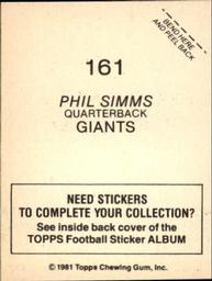 1981 Topps Stickers #161 Phil Simms Back