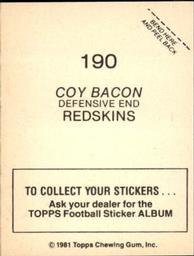 1981 Topps Stickers #190 Coy Bacon Back