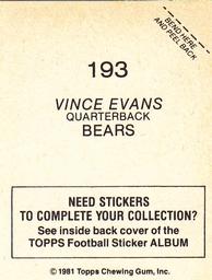 1981 Topps Stickers #193 Vince Evans Back