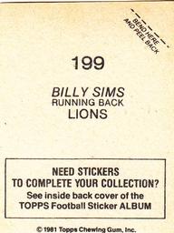 1981 Topps Stickers #199 Billy Sims Back