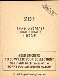 1981 Topps Stickers #201 Jeff Komlo Back